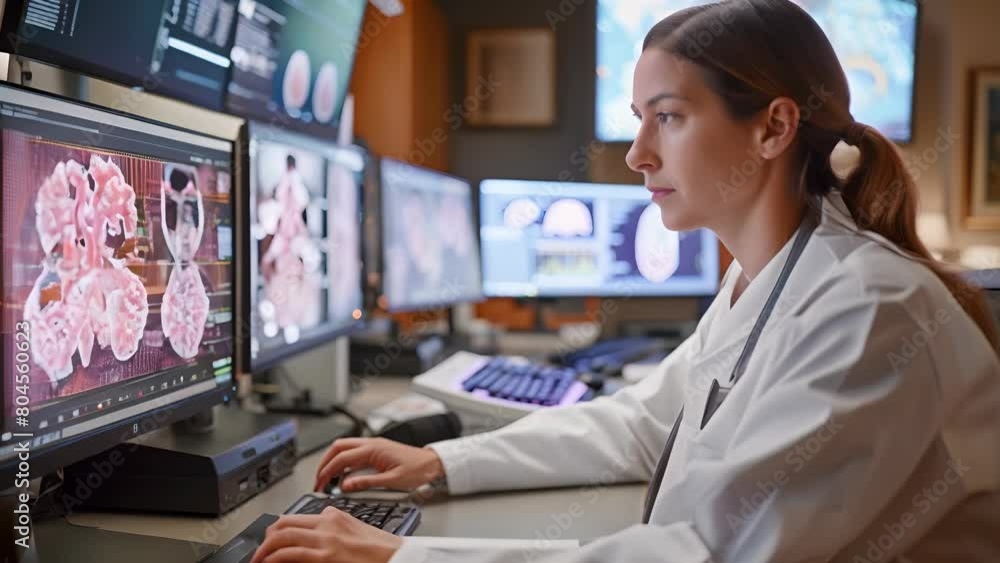 Poster a woman is sitting in front of a computer monitor with a keyboard and a mouse. she is wearing a whit