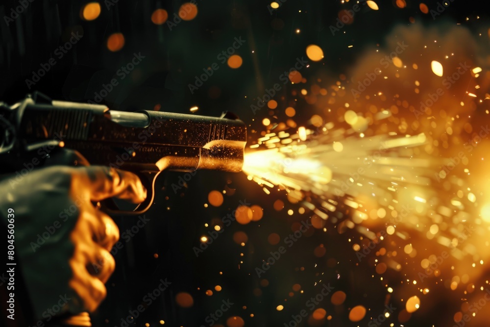 Poster a person holding a gun with sparks coming out of it. suitable for action and danger themes