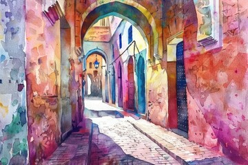 Detailed watercolor painting of an alleyway with arches. Perfect for architectural and urban design projects