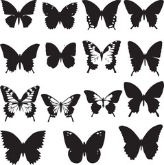 Butterflies silhouette set on white background 