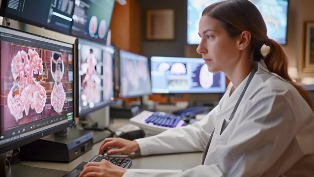 A woman is sitting in front of a computer monitor with a keyboard and a mouse. She is wearing a white lab coat and she is working on a project