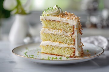 Slice of Coconut Lime Layer Cake on Plate