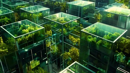 A futuristic vision of urban gardening, with lush rooftop gardens arranged in geometric patterns, secured within glass cubes by advanced cyber security systems - Powered by Adobe