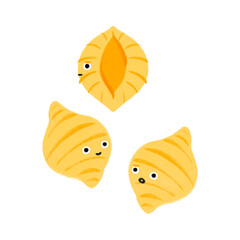 3 cute kiddy funny faces conchiglie characters Italian pasta hand drawn style food recipe cookbook picture book children's book food culture menu trendy illustrations with transparent background PNG