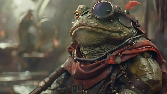 A frog wearing a red cape and goggles. The frog is looking at the camera