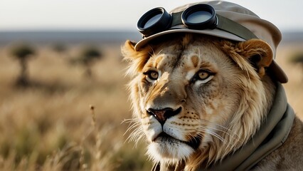Young male lion in safari clothes.