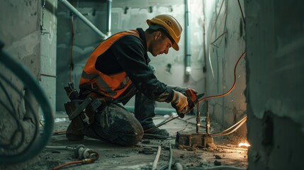 A man is seen working on a piece of metal. Suitable for industrial concept