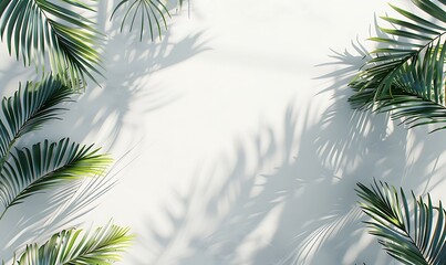 Fototapeta na wymiar 3D rendering of a white wall with shadows and green palm leaves on the left side