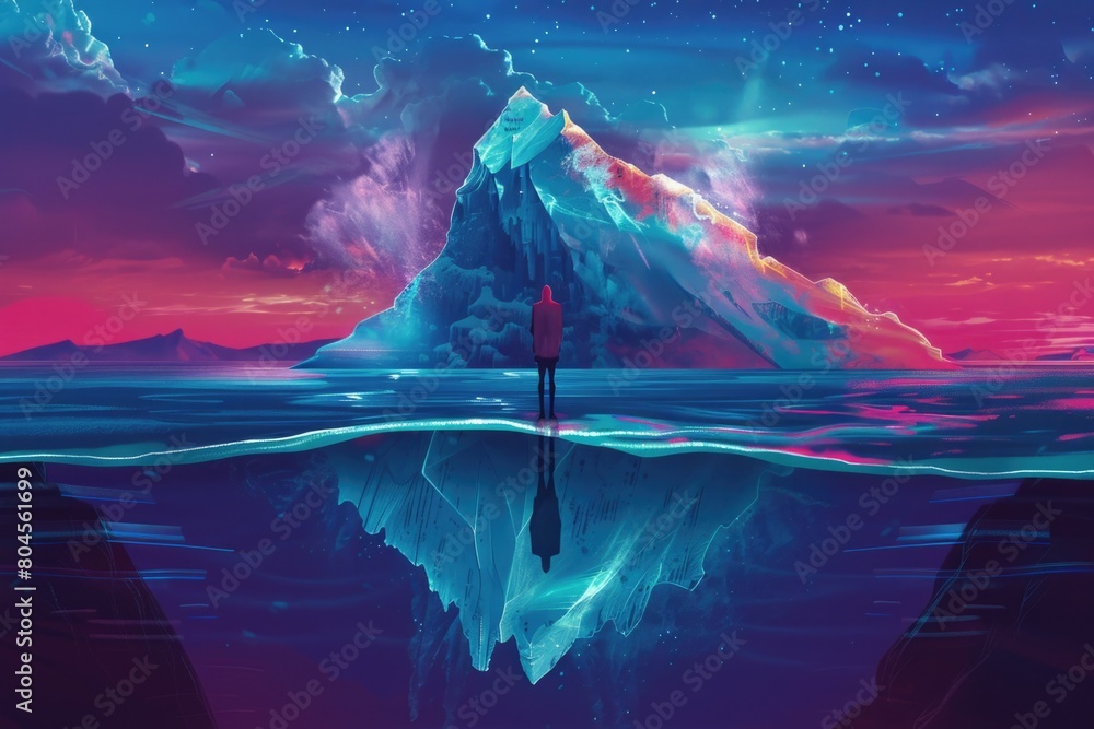 Poster A man standing on top of an iceberg in the middle of the ocean. Suitable for travel and adventure concepts