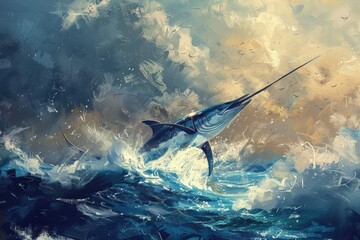 A realistic painting of a marlin fish jumping out of the water. Suitable for fishing enthusiasts or marine-themed designs