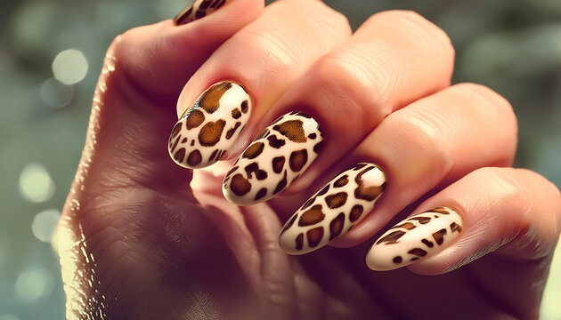 hand, nagel, leoparden, muster, neu, braun, punkte, modern, nagellack, studio, lack, design, lackiert, glasur, design, giraffe, &auml;ngel, nagelstudio, reklame, werbung, close up, copy space