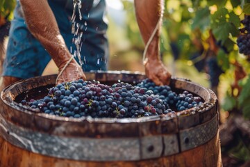 A man watering a barrel of grapes, perfect for wine-making