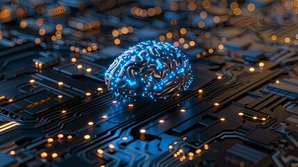 A colorful glowing human AI brain on top of an intricate circuit board