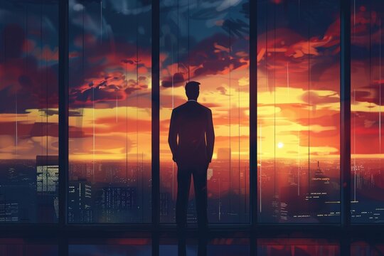 A man standing in front of a window, observing a beautiful sunset. Suitable for lifestyle or inspirational content