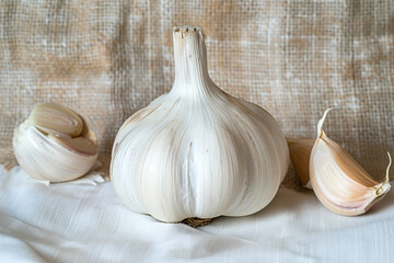 A whole, unblemished white garlic bulb, its cloves compact and clean, displayed on a white canvas.
