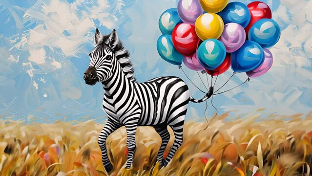 Playful zebra with colorful balloon stripes