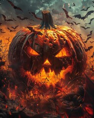 A large, glowing pumpkin surrounded by bats. The pumpkin is in a field of dead grass and there is a stormy sky in the background. - obrazy, fototapety, plakaty