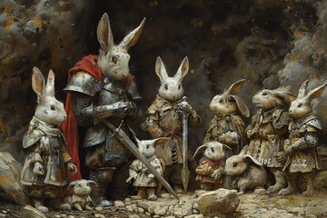 A knight and a group of rabbits in a whimsical council, discussing the safety of their burrow kingdom - obrazy, fototapety, plakaty