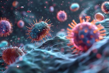 a microscopic view of the immune system at work, focusing on the interaction between a macrophage and bacteria 3d illustration - obrazy, fototapety, plakaty