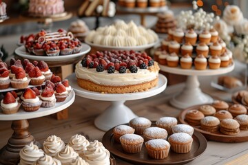 An array of delectable and beautifully arranged desserts on a table, perfect for satisfying a sweet tooth at any special event or celebration