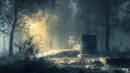 Illuminated by a Nature Spirit: A Magical Night in an Enchanted Forest with Forgotten Ruins. Concept Enchanted Forest, Night Photography, Nature Spirit, Forgotten Ruins, Magical Atmosphere