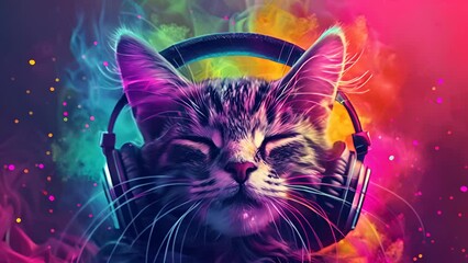 A cat wearing headphones is resting on a colorful background. The cat appears to be listening to music, as it is wearing headphones. The colorful background and the cat's relaxed posture create a fun