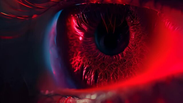 Create a 3D realistic action style close-up of blood vessels in the eye, emphasizing their fine structure and vibrant colors against a dark background