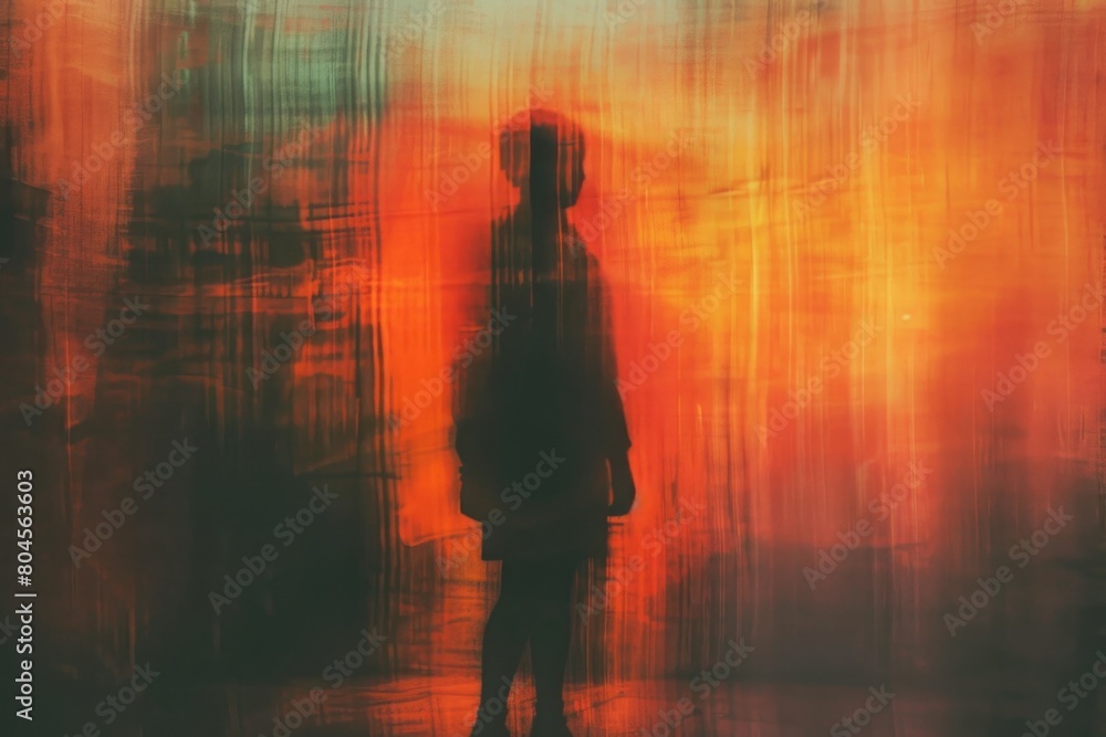 Poster Blurry image of a person standing in front of a building. Suitable for various business and urban concepts