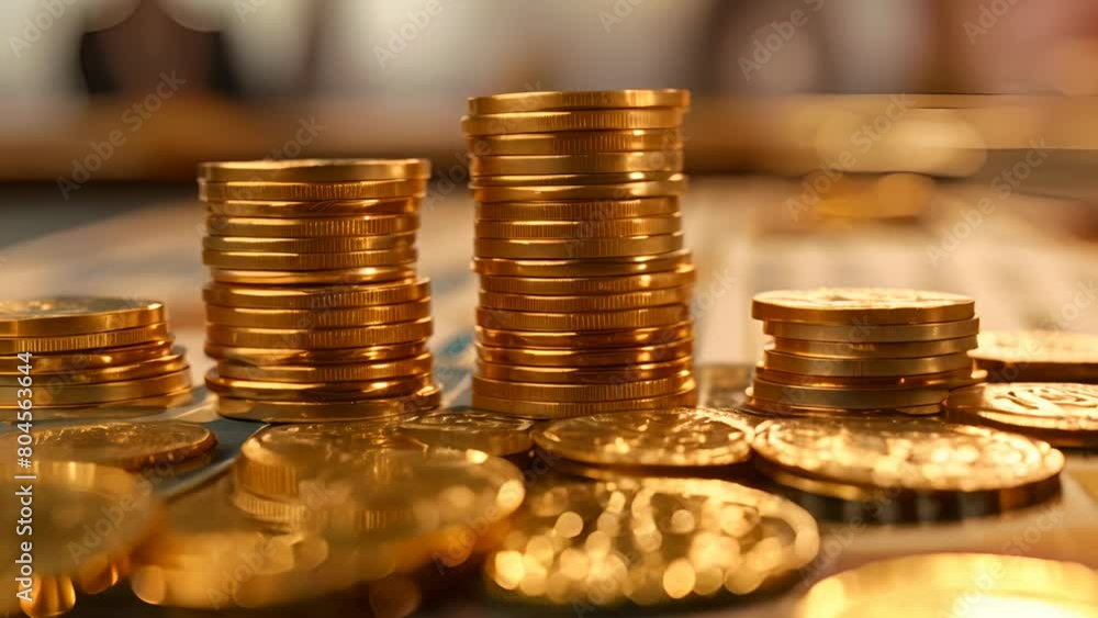 Poster a pile of gold coins on a table. the coins are stacked on top of each other, creating a sense of wea