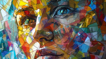 Fototapeta premium Chromatic Reflections: Dynamic Geometric Human Portrait, Ethereal Mosaic, and Stained Glass Composition for Captivating Wall Art in Homes, Offices, or Commercial Spaces