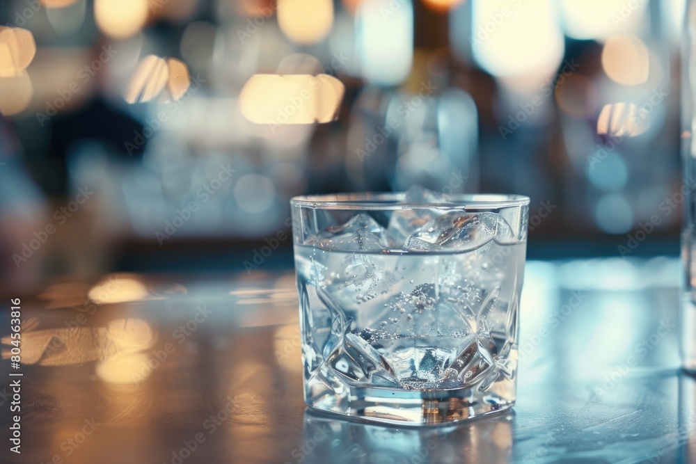 Poster a glass filled with ice on a table, suitable for various concepts and designs