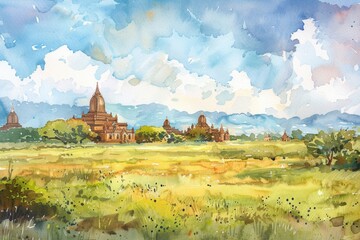 A serene watercolor painting of a field with a distant building. Ideal for nature and landscape themed projects