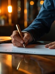 A person seated at a desk, signing a contract on a piece of paper with a pen. Generative AI