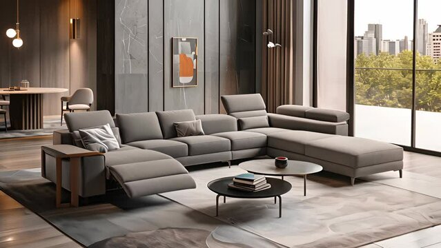 A modern living room with a grey sectional sofa and a coffee table. The sofa has a recliner and a pullout bed. The room has a minimalist design with a few decorative elements such as a vase and a book