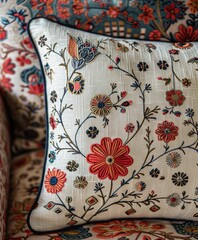 Colorful Printed Cushion Resting on Chair