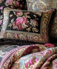 Close Up of Colorful Luxury Pillow on Bed
