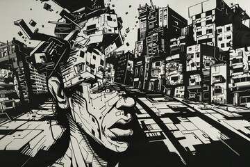 Black and white drawing of a man in a city. Suitable for urban themes