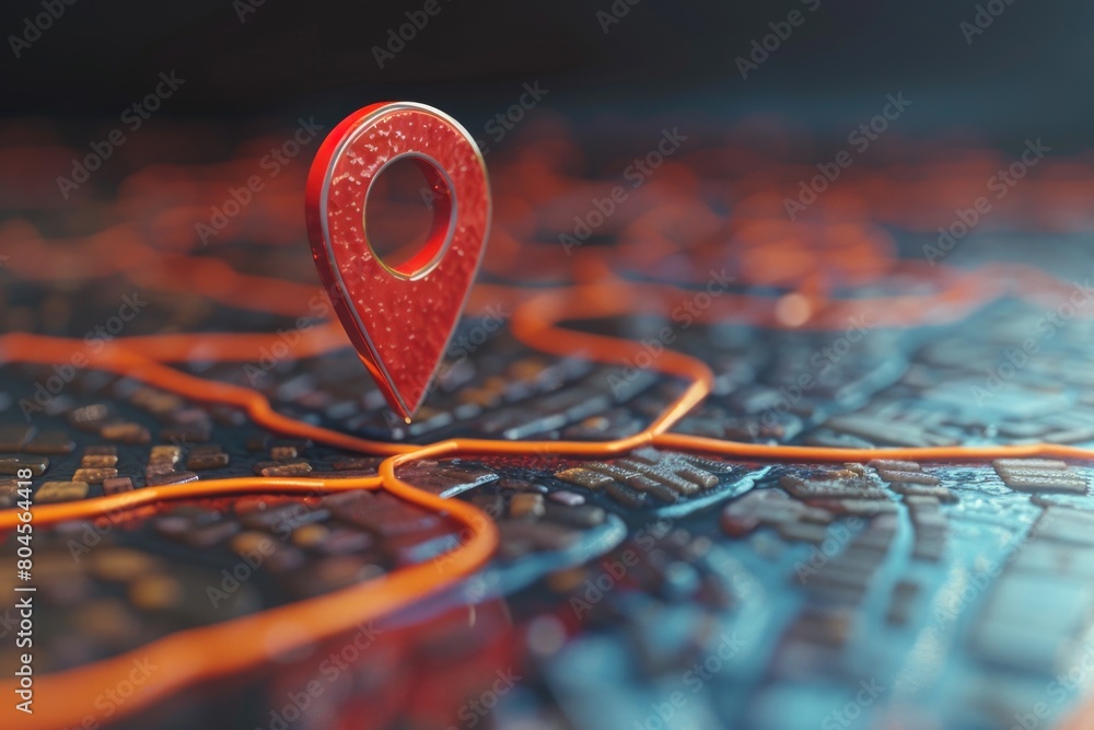 Poster A map with a red pin marking a location, suitable for travel and navigation concepts