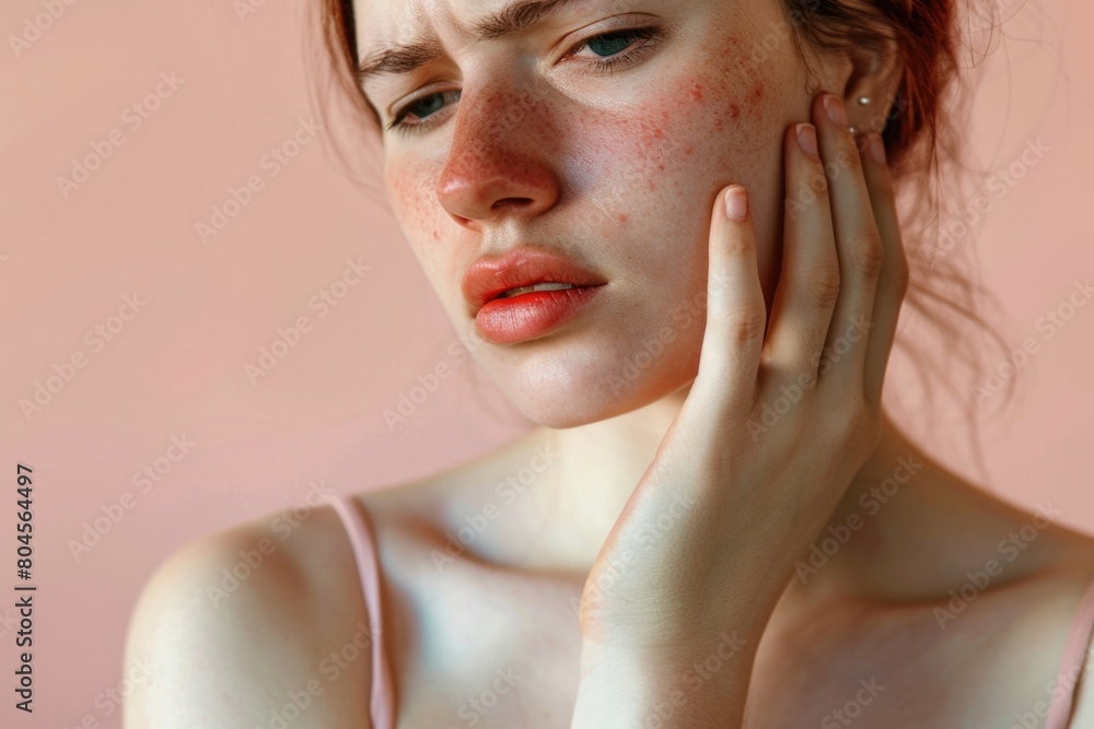 Poster Close-up portrait of a young woman with freckles. Suitable for beauty and skincare concepts