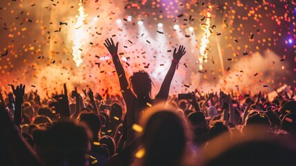 A lively crowd of people enjoying a concert with confetti falling from above.