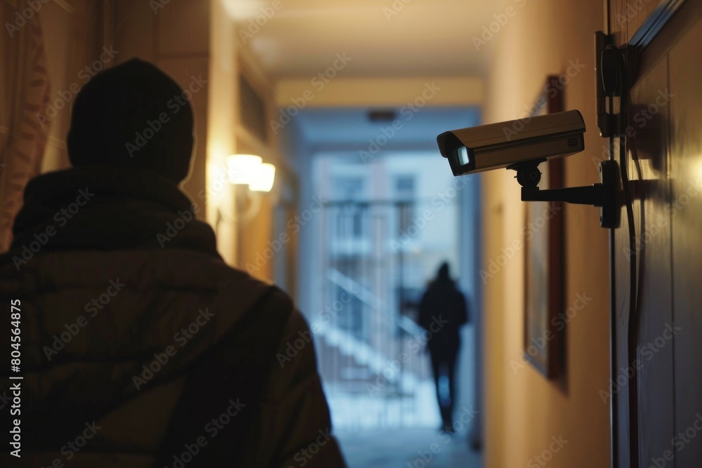 Poster a person standing in a hallway with a camera mounted on the wall. suitable for security or surveilla