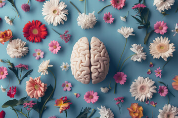 Human brain flowers on a pastel blue background, mental health and wellness - obrazy, fototapety, plakaty