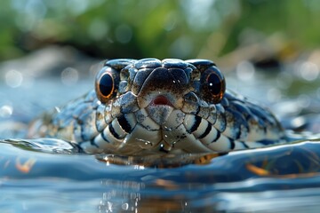 Fototapeta premium Detailed image of a frog's face with captivating eyes emerging from the water's surface