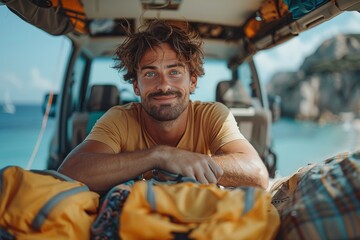 A smiling man enjoying the moment, seated inside a van ready for a beachside adventure - Powered by Adobe