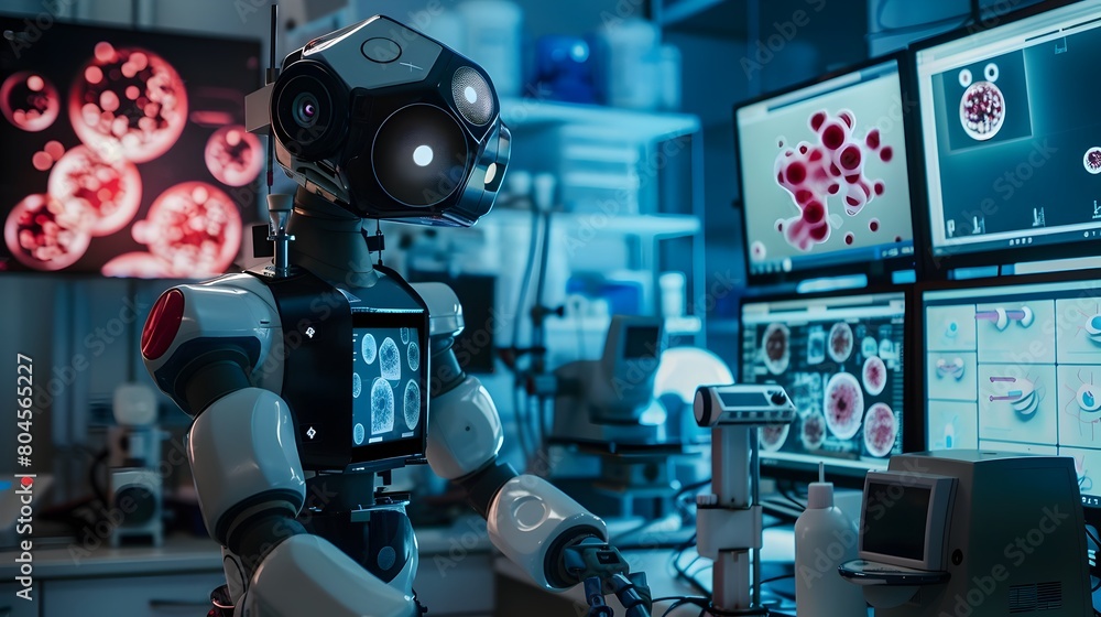 Poster powered robot analyzing microscopic images in dimly lit laboratory