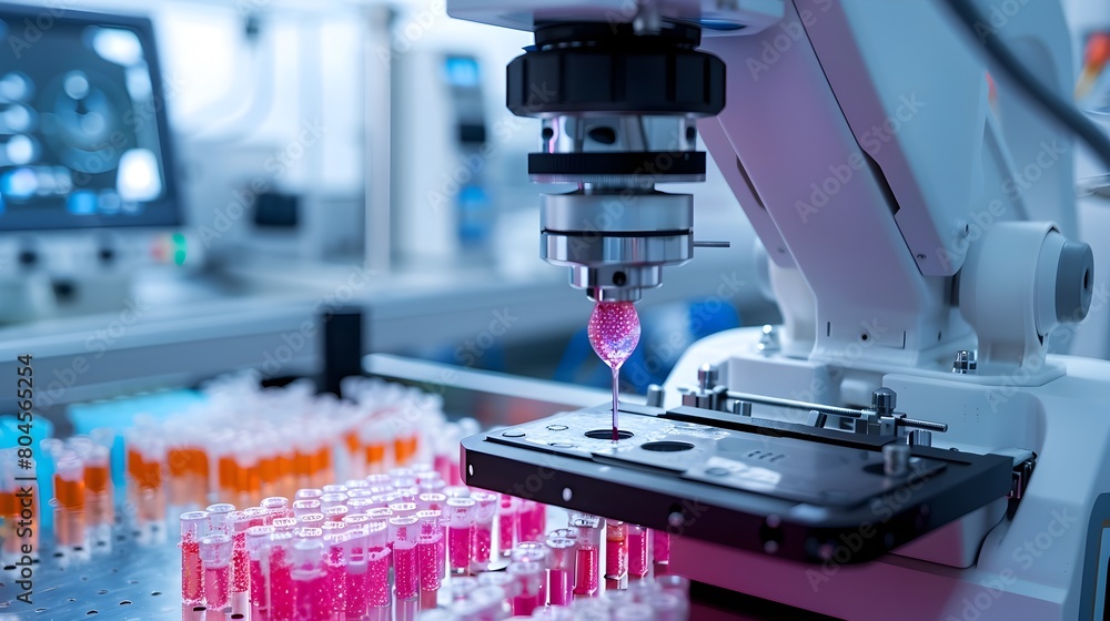 Poster robotic pathologist analyzing tissue samples and uploading findings to medical database