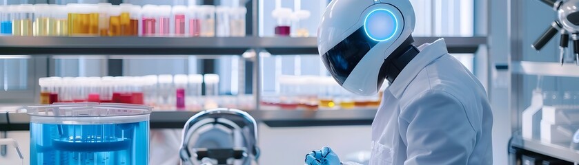 Humanoid Robot Scientist Employing Advanced to Diagnose Diseases from Petri Dish Cultures in Busy Medical Laboratory - obrazy, fototapety, plakaty