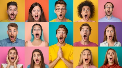 A collage of people of different races and ethnicities with shocked expressions on their faces.