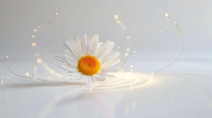 Delicate Daisy Floating on Tranquil Water with Ethereal Glow and Sparkling Droplets