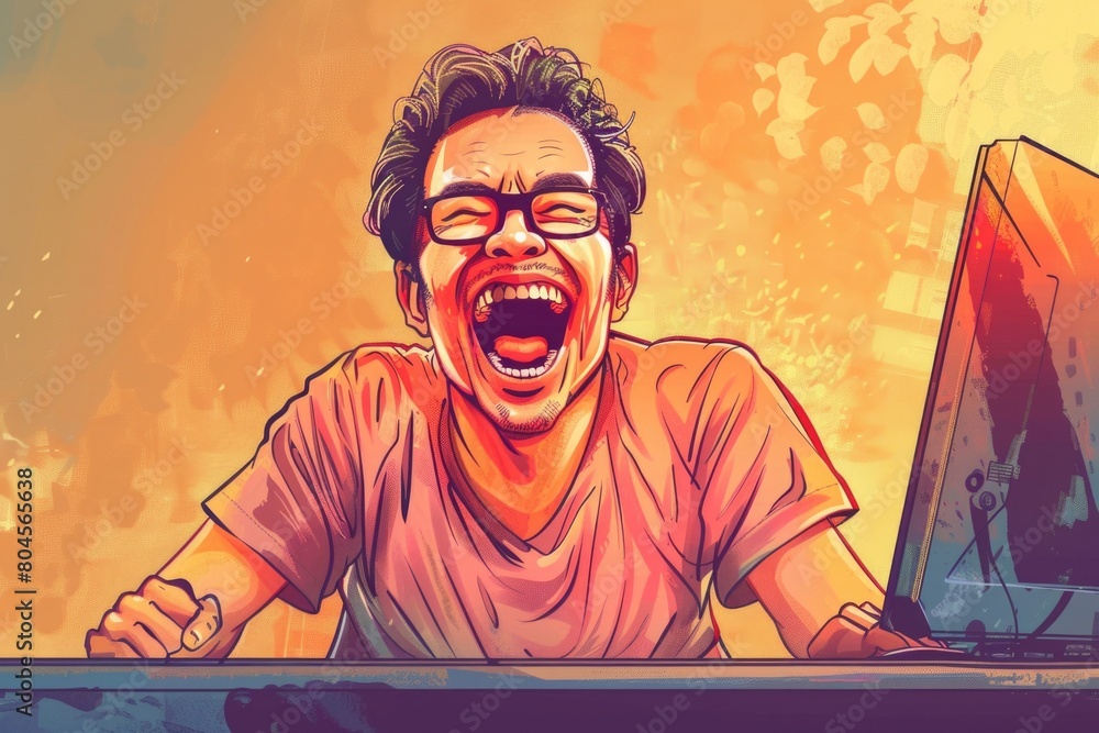 Poster A man with glasses screaming in front of a computer. Suitable for technology-related concepts